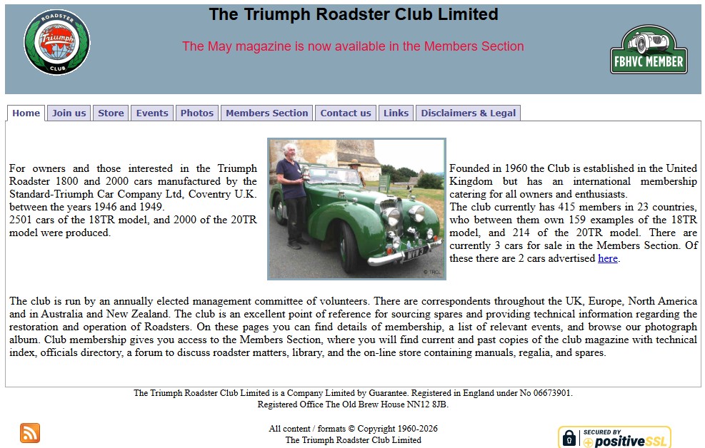 Screenshot der offiziellen TRCL Club-Website – Triumph Roadster Club Limited